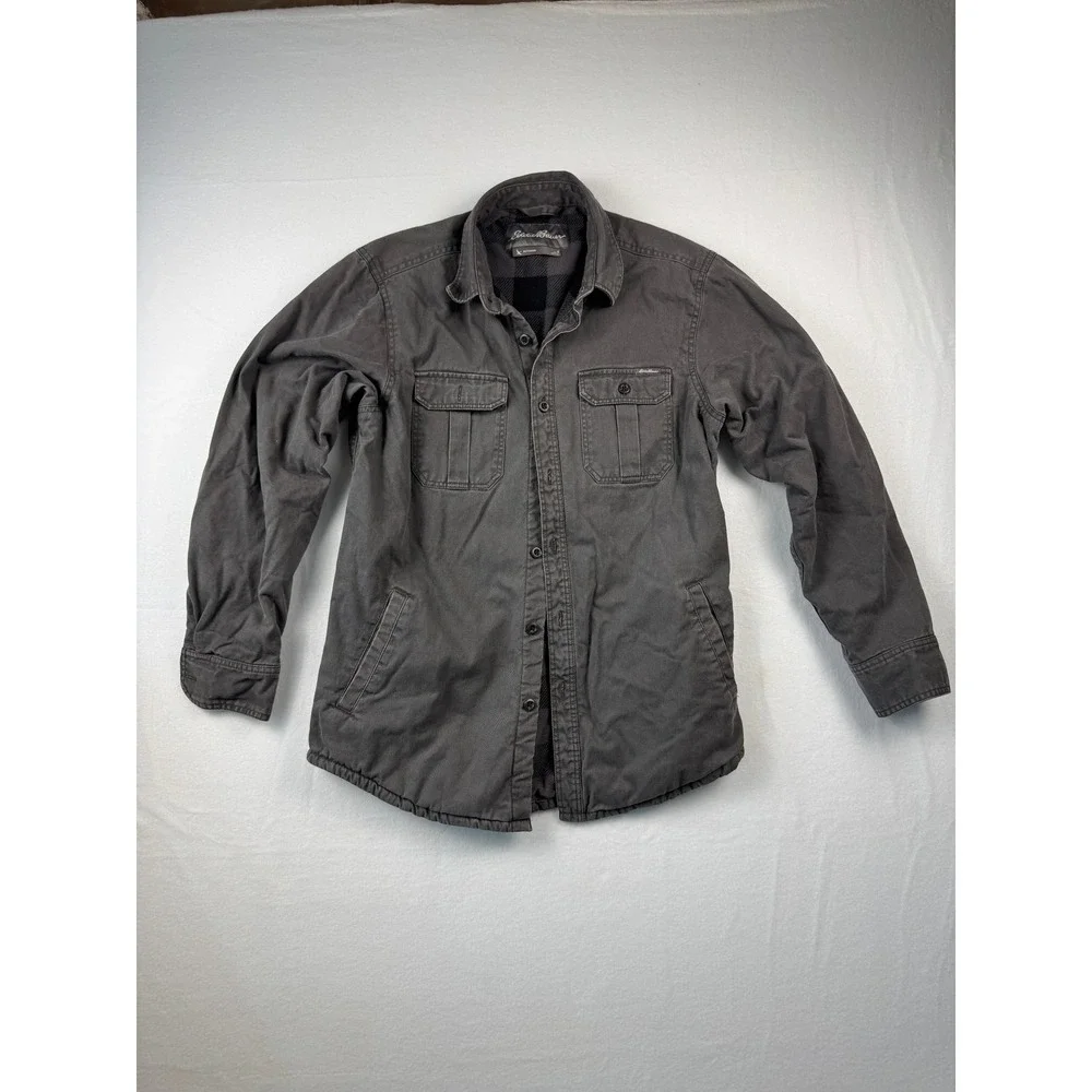 Eddie Bauer Mens Flannel Lined Shirt Jacket Gray Cotton Canvas Fleece Lined L